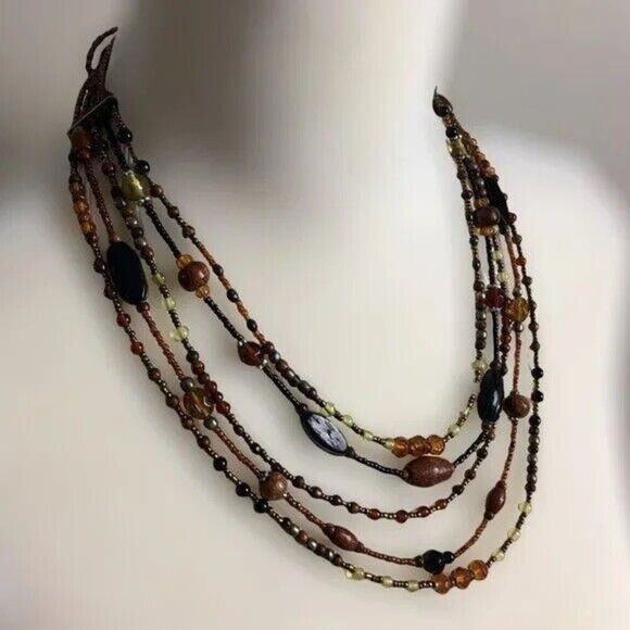 Vintage Beaded Necklace 1990s Layered Five Strands Brown Black w/ Lobster Clasp - Picture 2 of 8